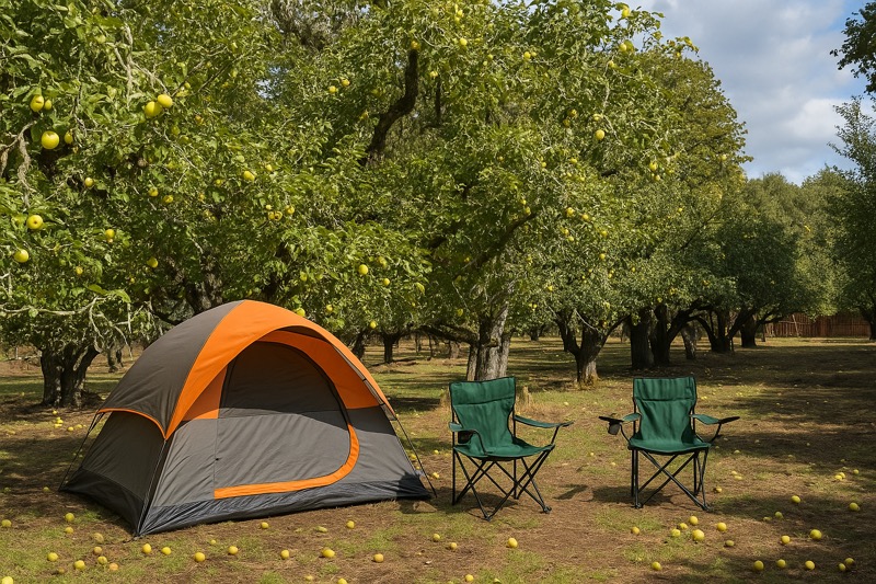 A tent in the orchard shown in the supplied layout