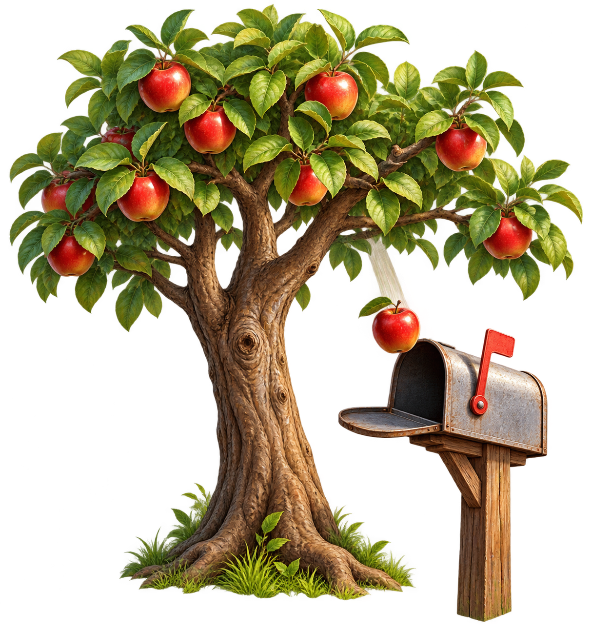 An apple falling from a tree into an open mailbox