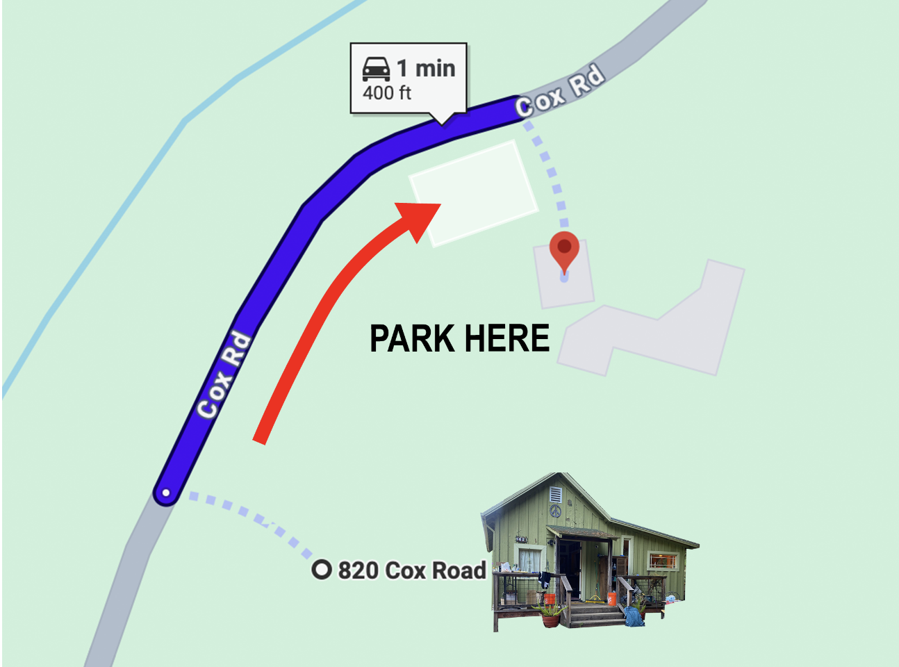 Parking guide for 820 Cox Road: the red arrow marks the parking area beside Cox Road.
