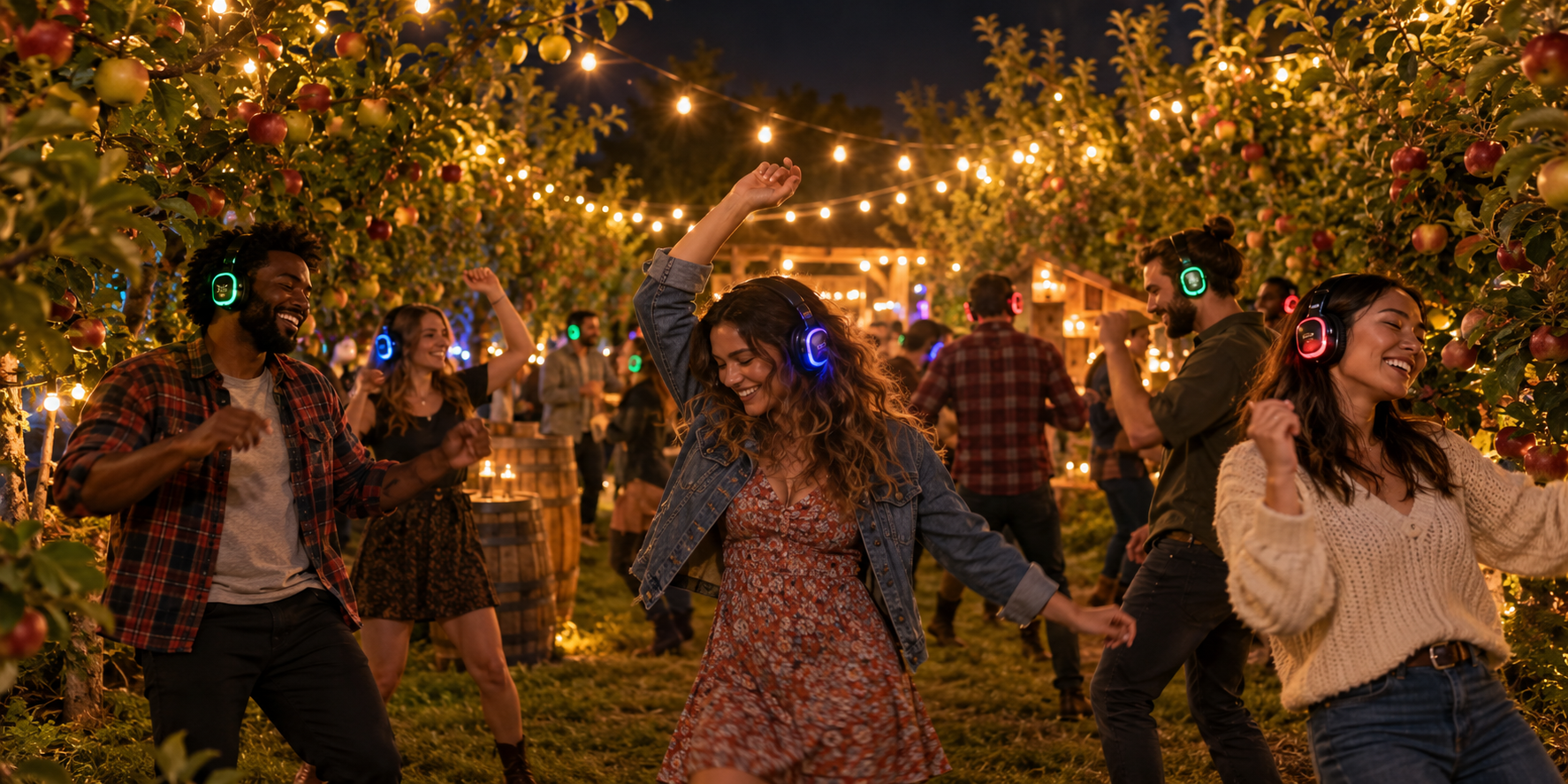 Silent disco dancers wearing glowing headphones in an apple orchard under string lights